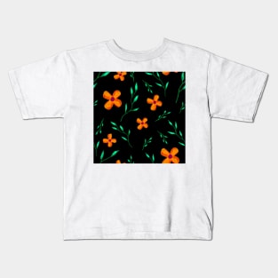 Orange Floral Pattern on Black Kids T-Shirt